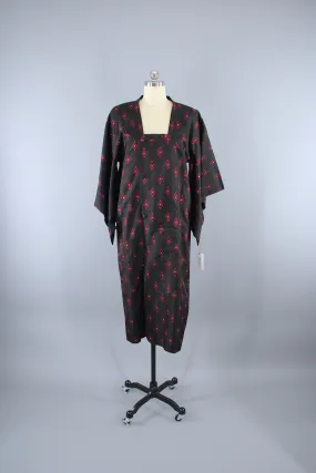 1940s Vintage Silk Kimono Jacket Coat / Black & Red Ikat