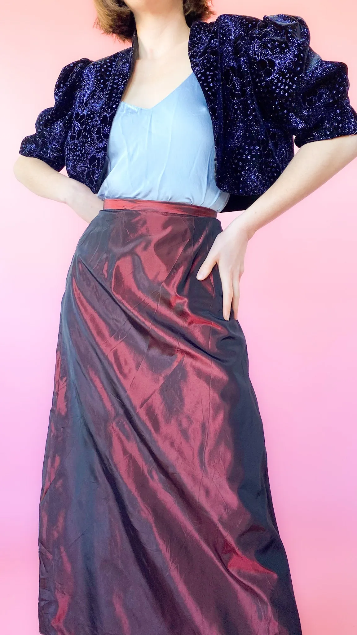 1990s Iridescent Red Maxi Skirt, sz. S