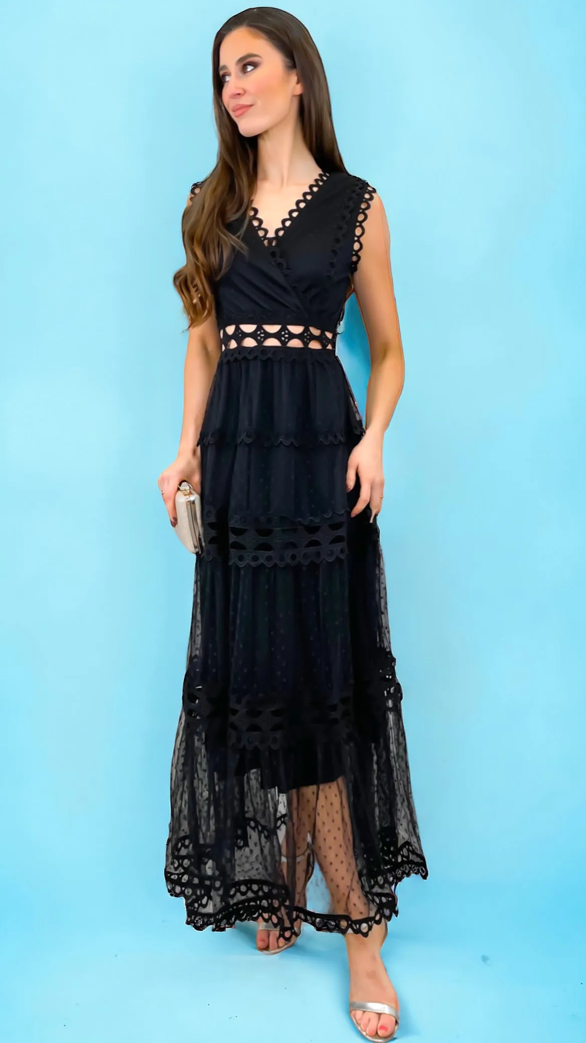 4-A1357 Black Maxi Flounce Dress