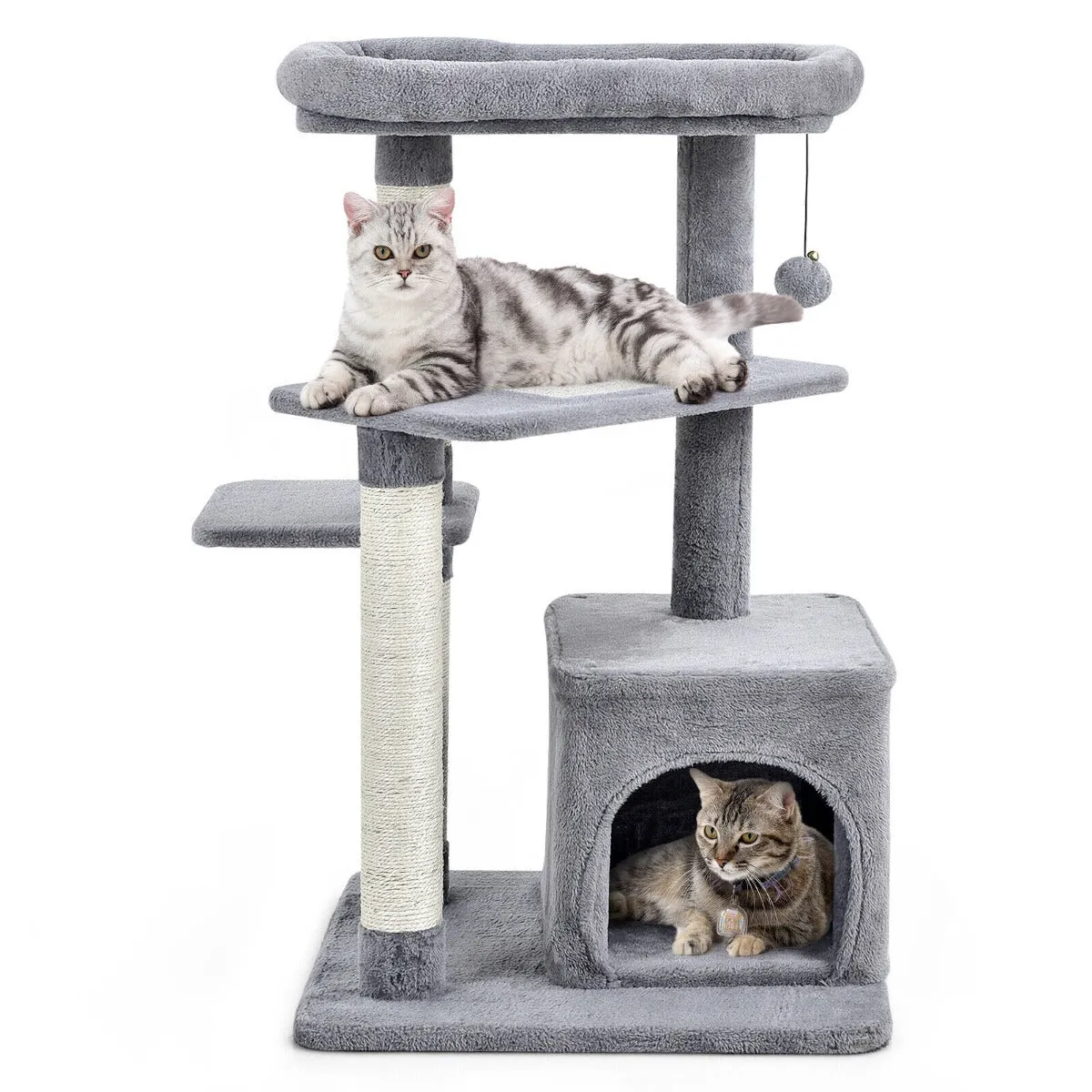 4-Layer Cat Tree with Scratching Posts Cat Condo Dangling Ball-Grey