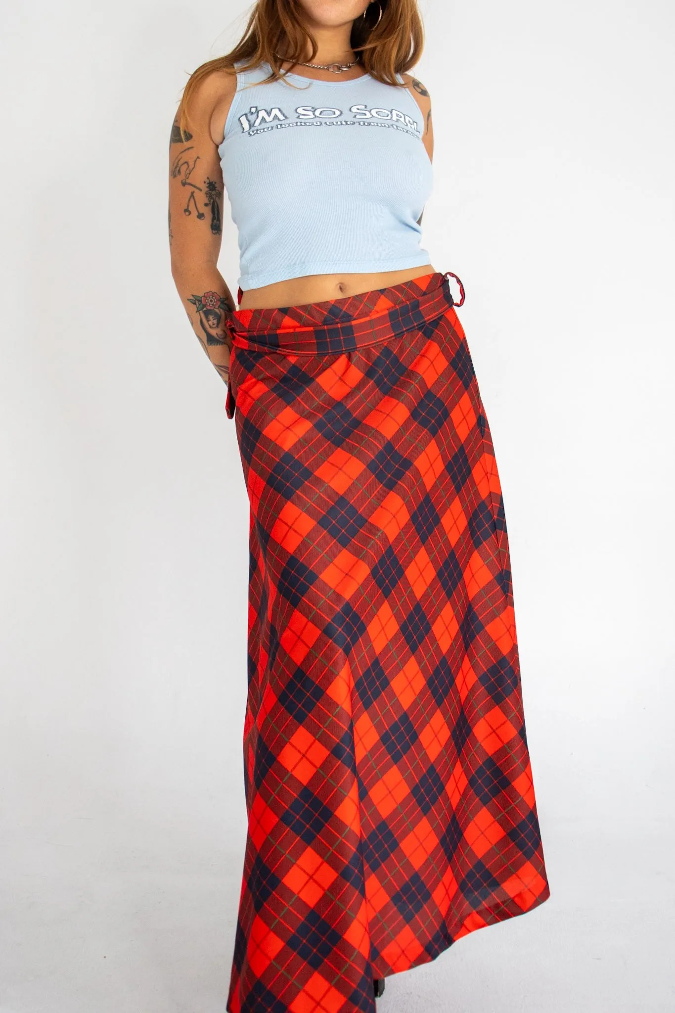 80s Red Tartan Maxi Skirt