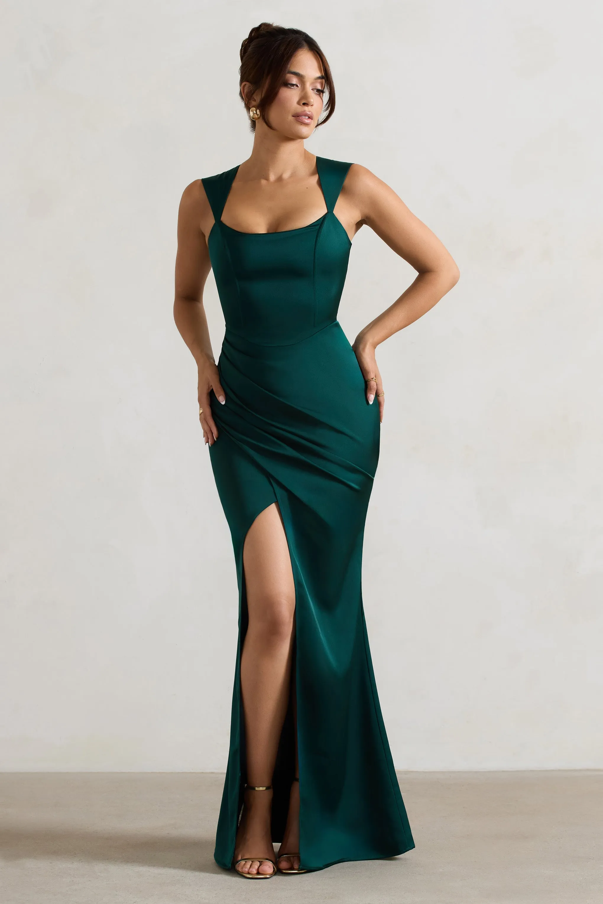 A Romantic | Green Satin Corset Wrap Maxi Dress