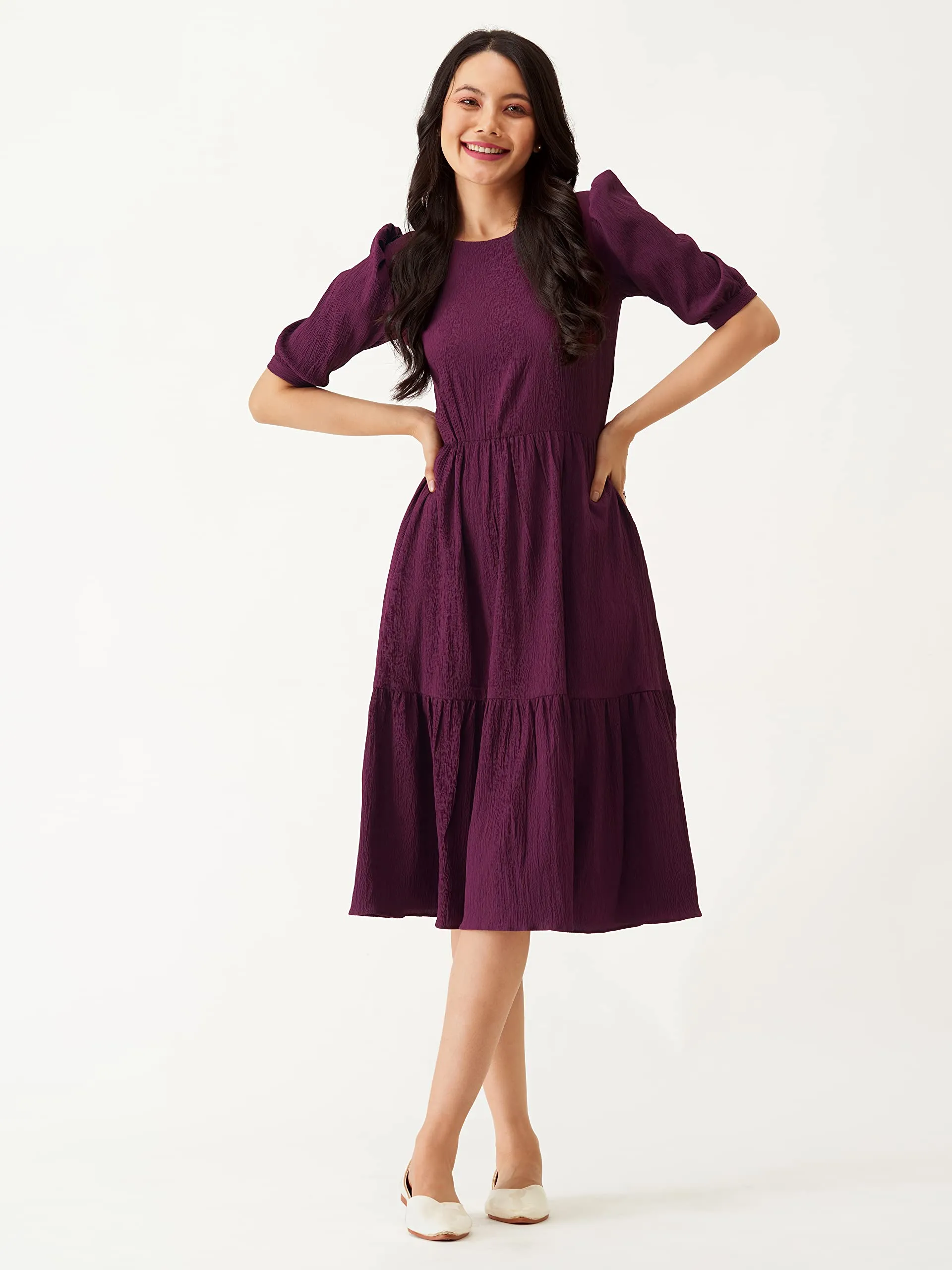 AASK Women A-Line Purple Regular Fit Knee Length Dress_L