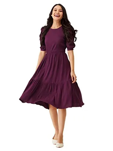 AASK Women A-Line Purple Regular Fit Knee Length Dress_M