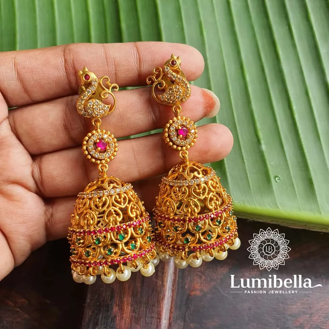 AD Gold Peacock Jhumkas