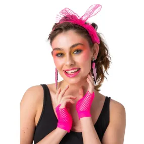 Adults 3 Piece 80s Accessory Set Neon Pink Bow Gloves Earrings