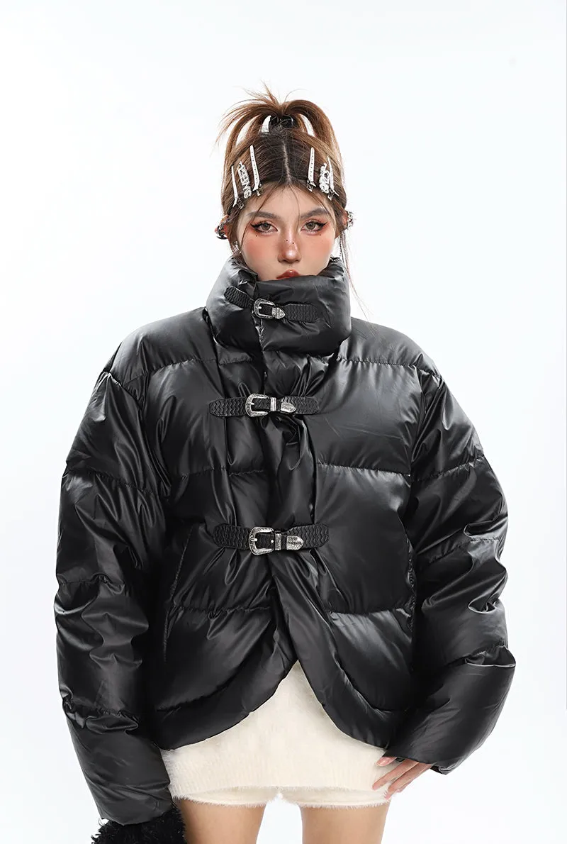 Aimee Solid Color Faux Leather Buckle Up Long Sleeve Puffer Jacket