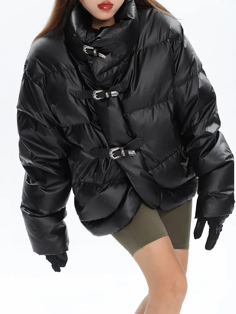 Aimee Solid Color Faux Leather Buckle Up Long Sleeve Puffer Jacket