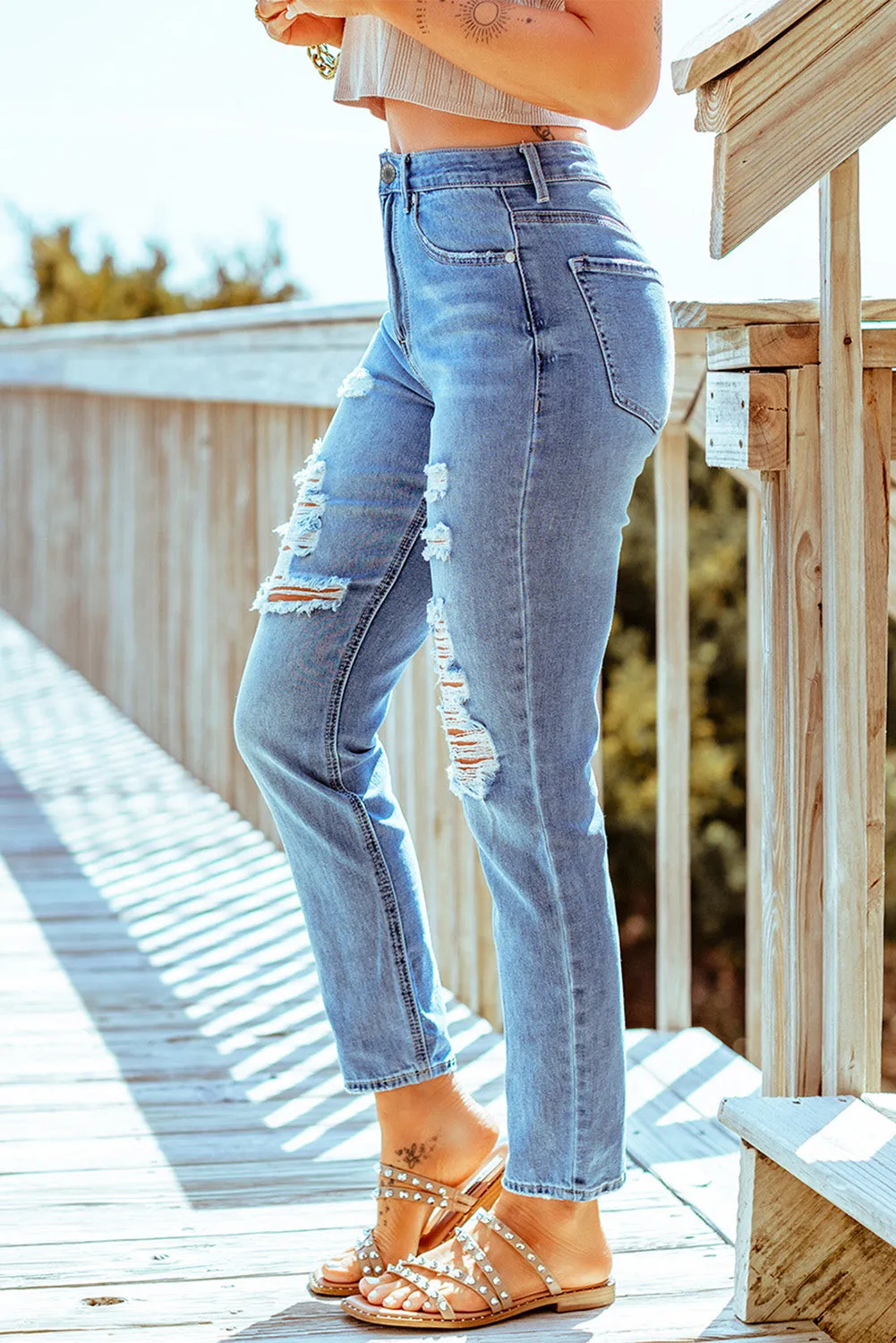 *App Exclusive* Distressed Ankle Length Straight Leg Jeans