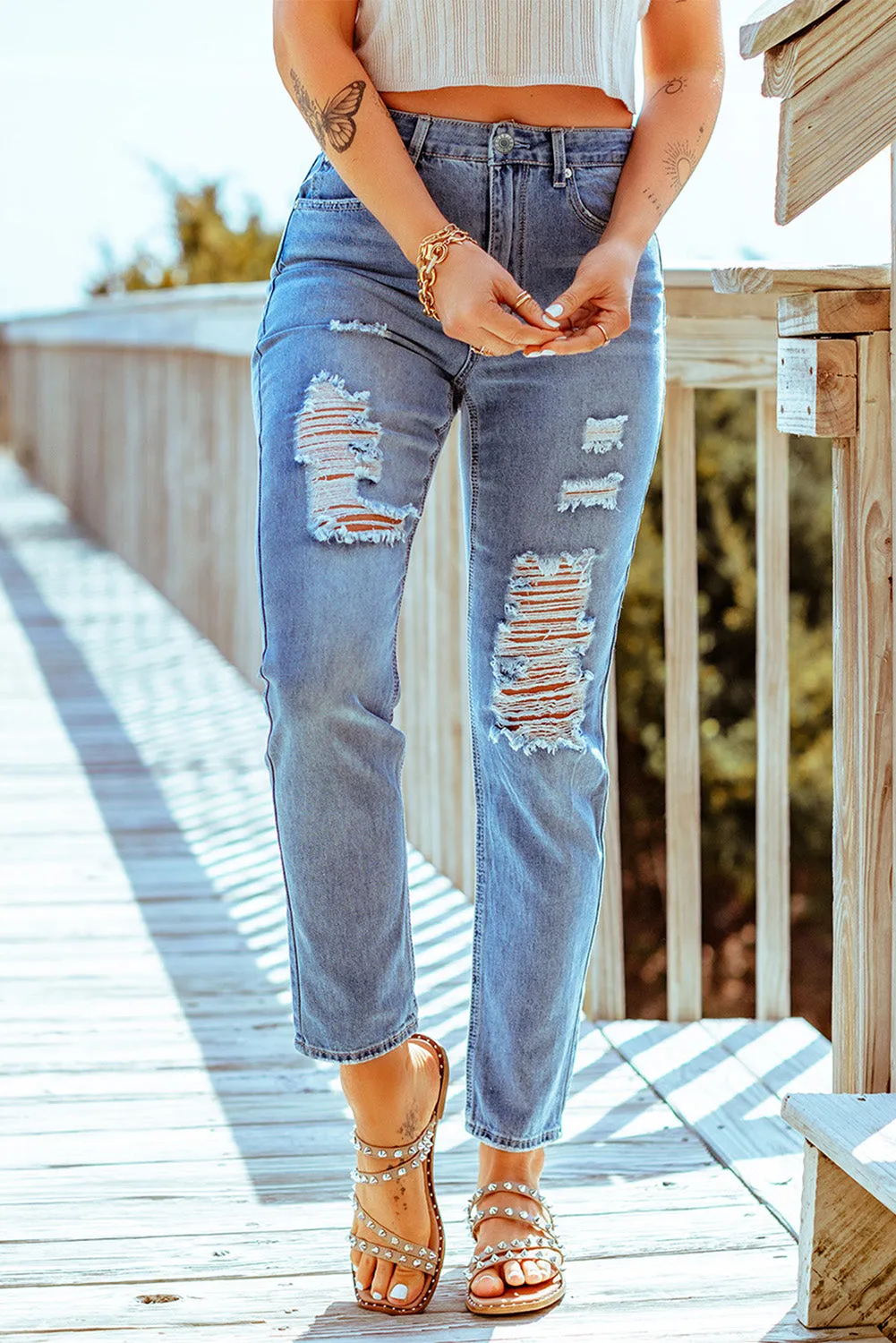 *App Exclusive* Distressed Ankle Length Straight Leg Jeans