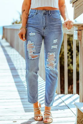 *App Exclusive* Distressed Ankle Length Straight Leg Jeans