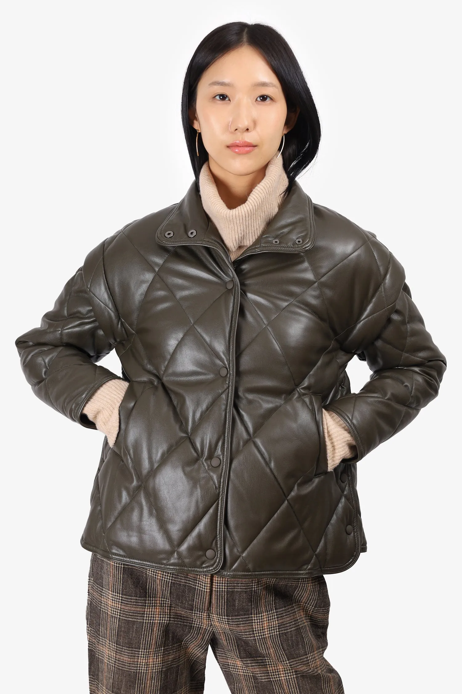 Apparis Khaki Faux Leather Quilted Puffer Jacket Size M