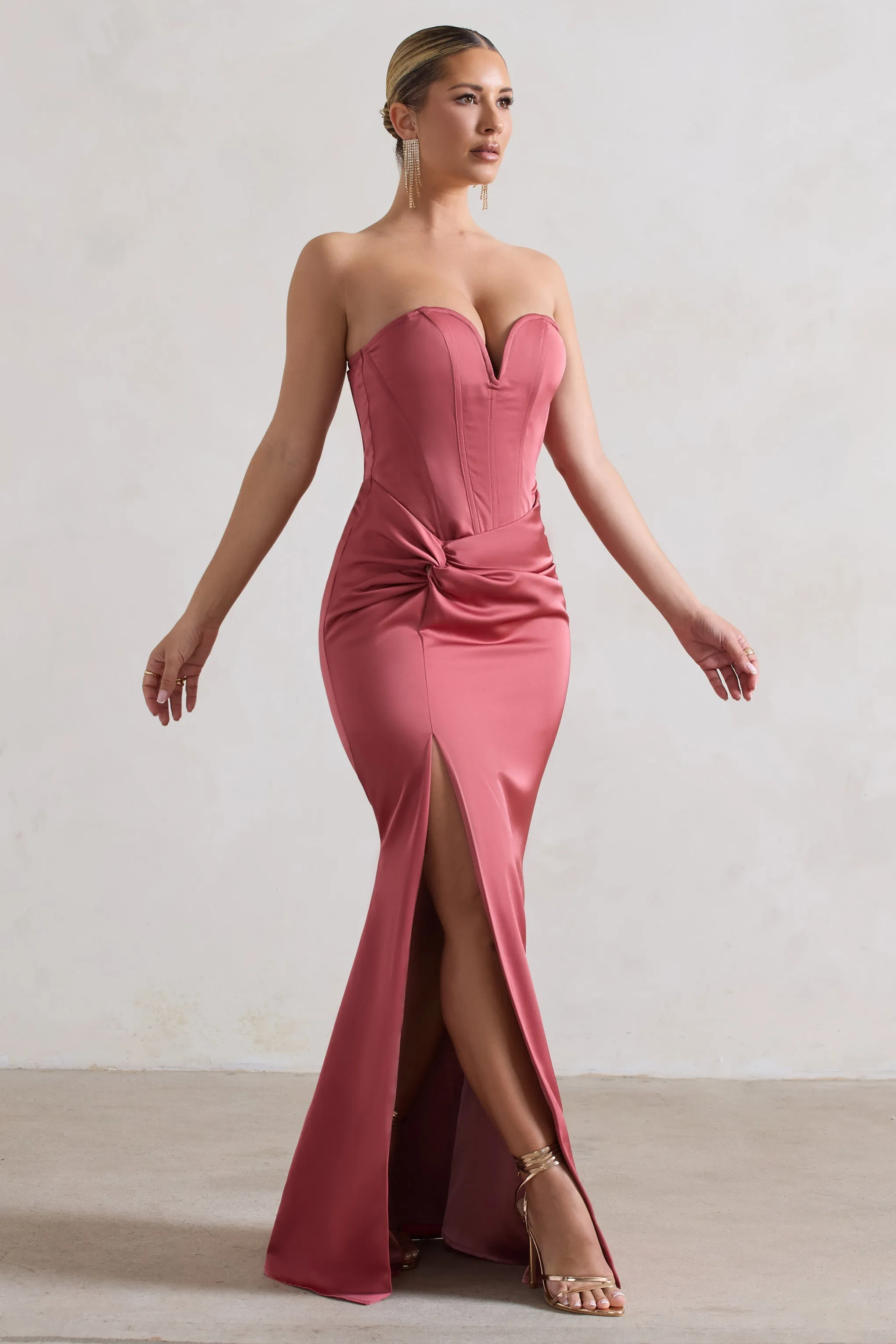 Ardelle | Rose Pink Satin Corseted Wrap Maxi Dress