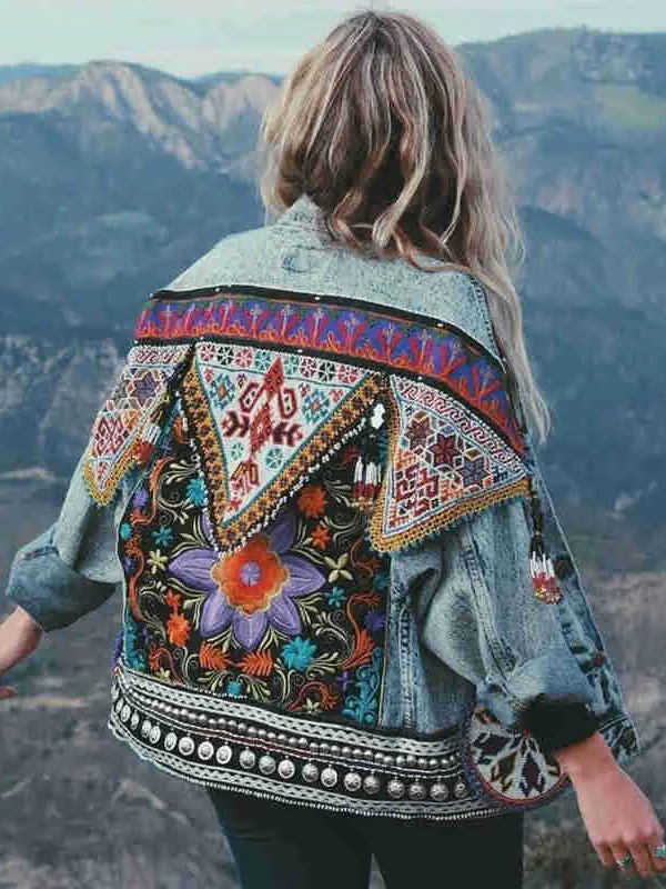 ASHORESHOP Ethnic Appliques boho Denim Jacket for Women