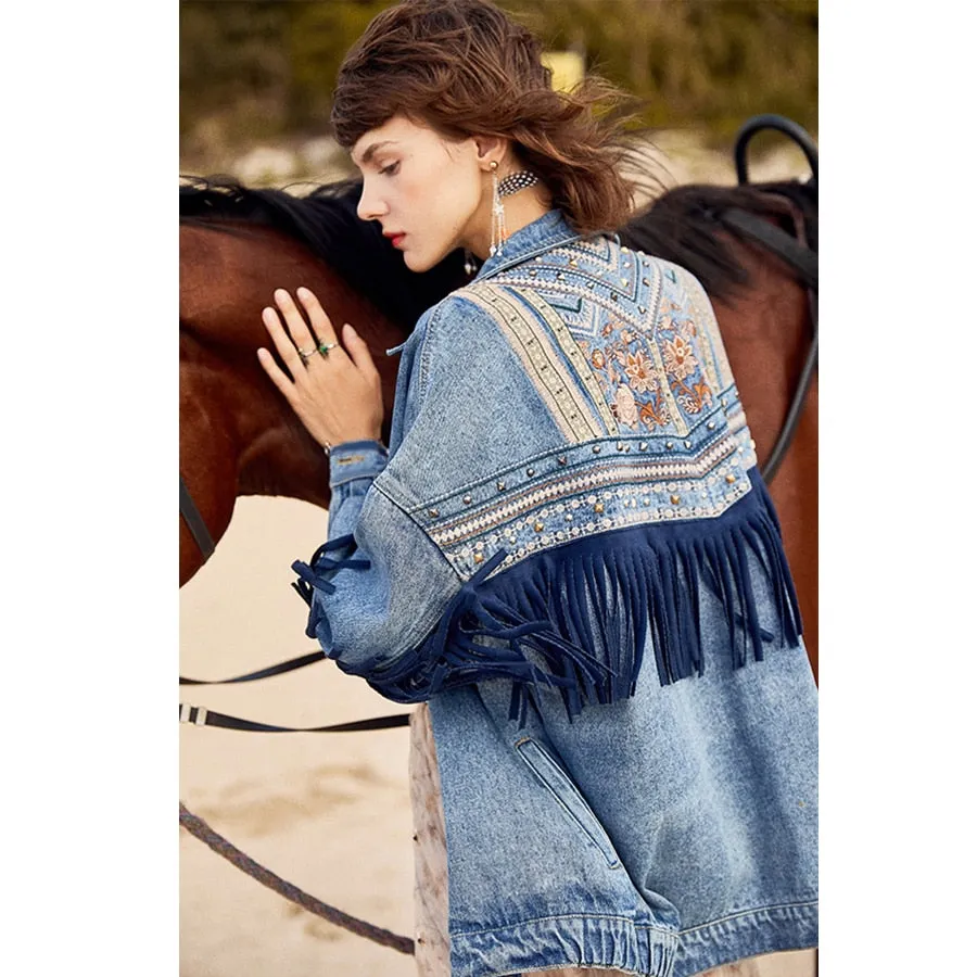 ASHORESHOP Womens Denim Jackets Ethnic Pattern floral Embroidery Suede Fringe Jacket