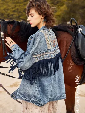 ASHORESHOP Womens Denim Jackets Ethnic Pattern floral Embroidery Suede Fringe Jacket