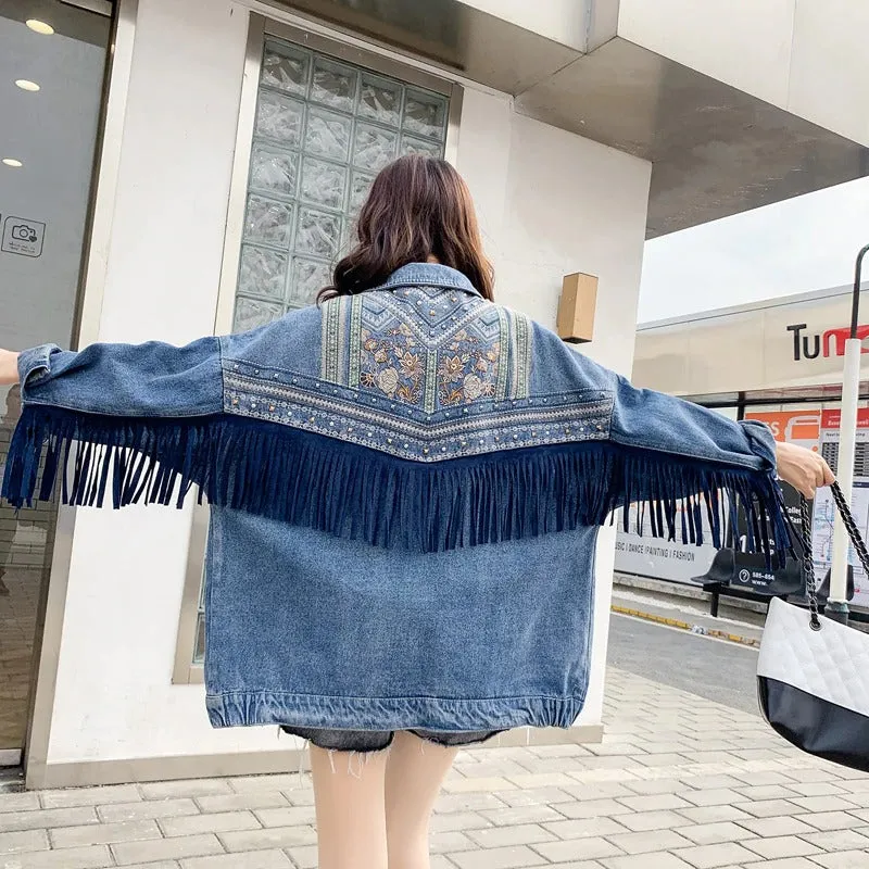 ASHORESHOP Womens Denim Jackets Ethnic Pattern floral Embroidery Suede Fringe Jacket