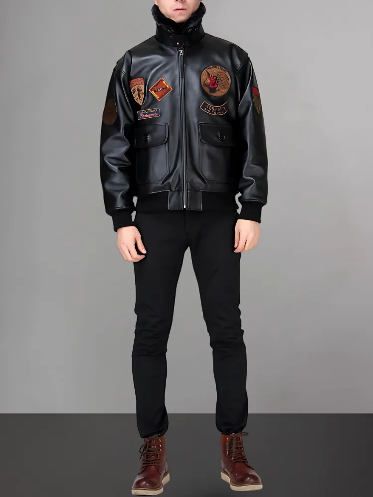 Aviator Black Leather Jacket Integrated Embroidery