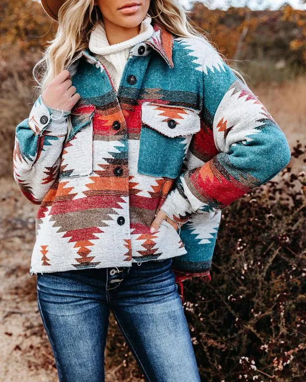 Aztec Shirt Jacket Shacket Blue & Tan Pink & Gray Or Red & Turquoise You Choose Southwestern Button Up Shirt With Pockets Boho Frayed Edges Available In Sizes Small Medium Large Or Extra Large XL