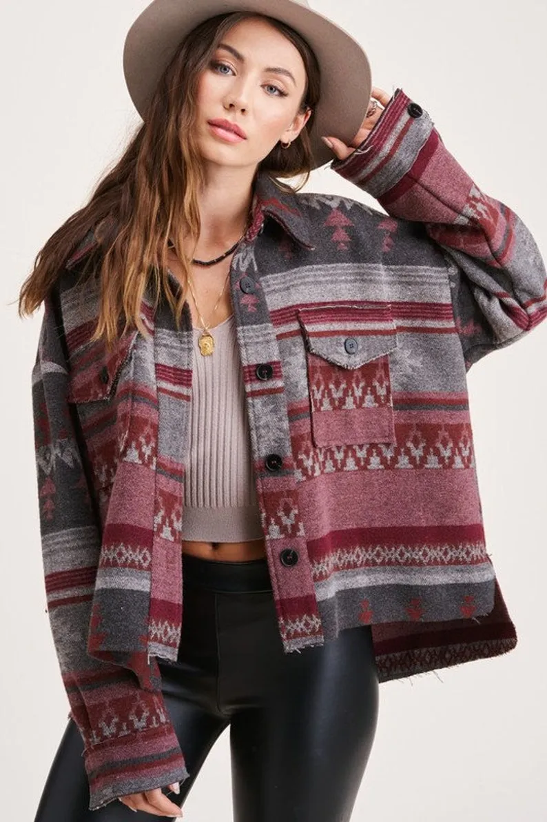 Aztec Shirt Jacket Shacket Blue & Tan Pink & Gray Or Red & Turquoise You Choose Southwestern Button Up Shirt With Pockets Boho Frayed Edges Available In Sizes Small Medium Large Or Extra Large XL