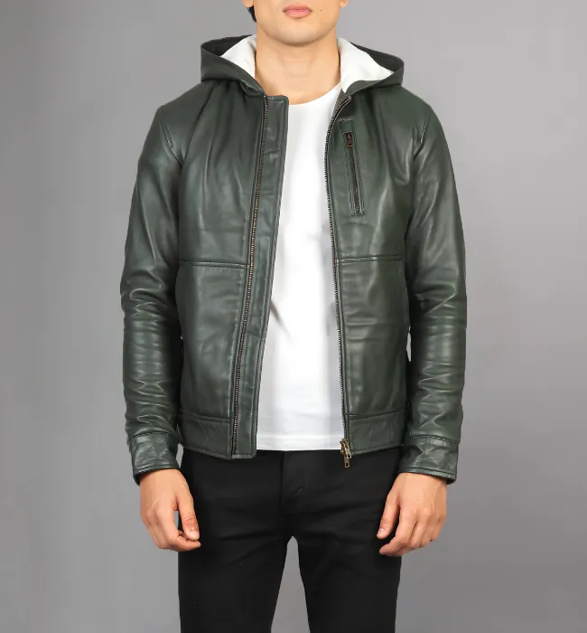 Baston Black Hooded Leather Bomber Jacket