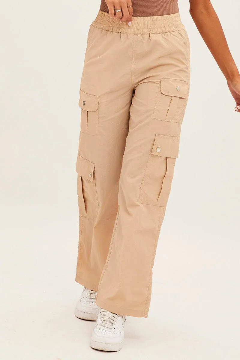 Beige Elastic Waist High Rise Wide Leg Cargo Pants