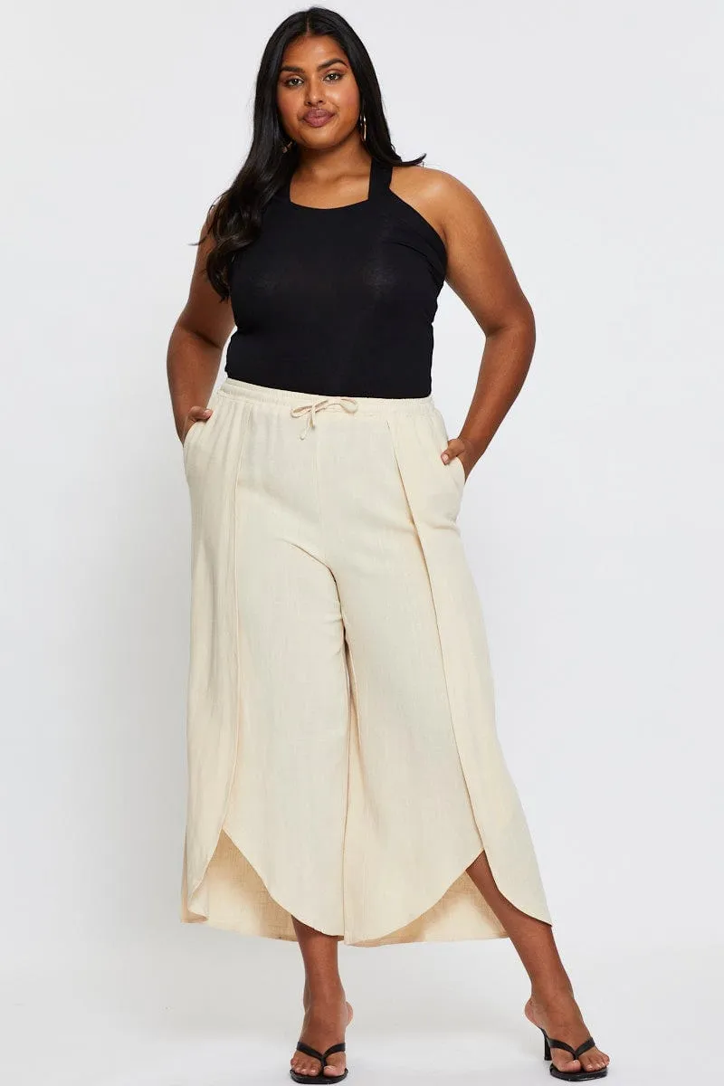 Beige Wide Leg Pants High Rise Elastic Waist Front Split