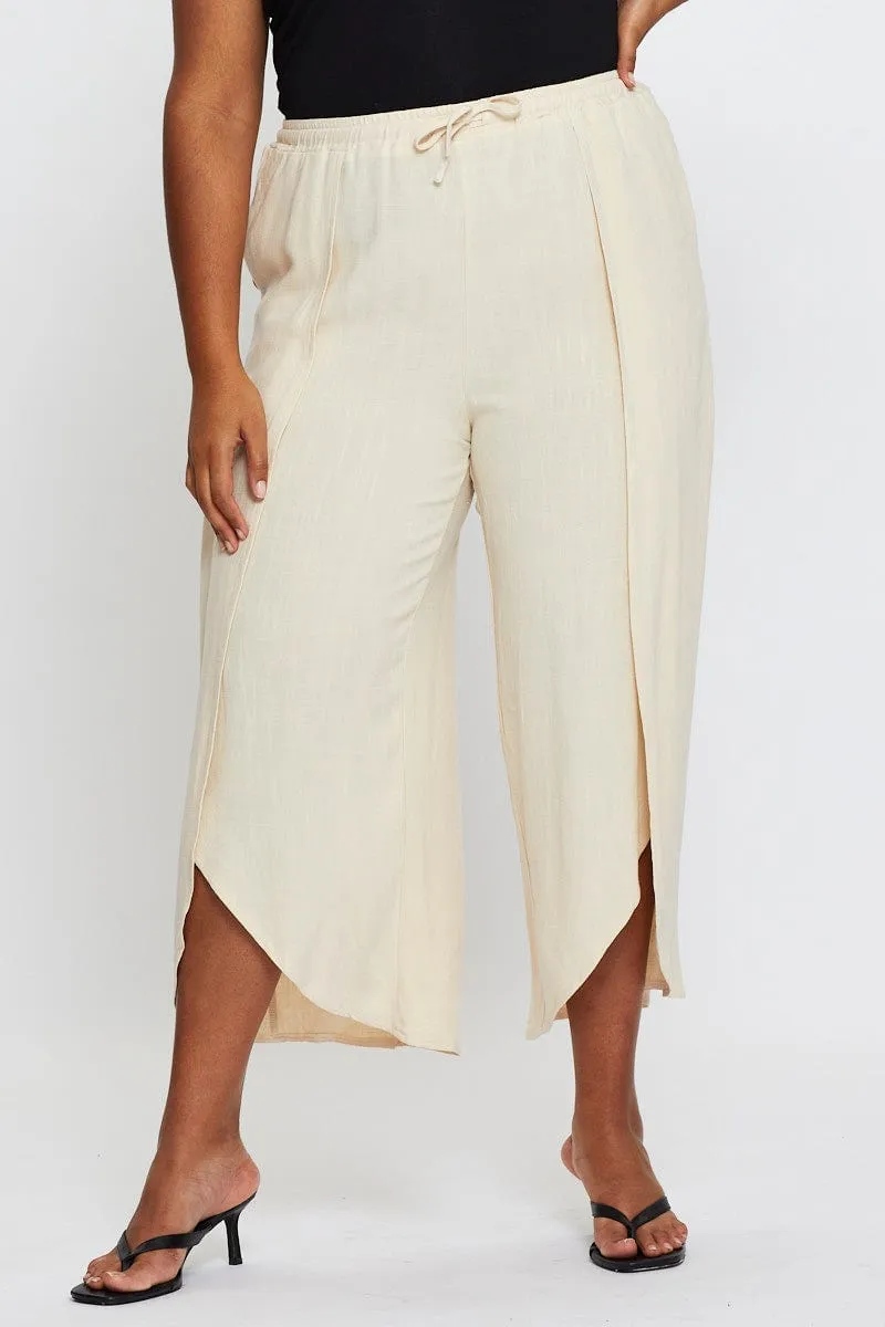 Beige Wide Leg Pants High Rise Elastic Waist Front Split