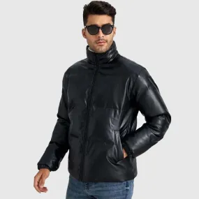 Best Black Leather Bubble Jacket Men Zip Up PU Puffer Coat