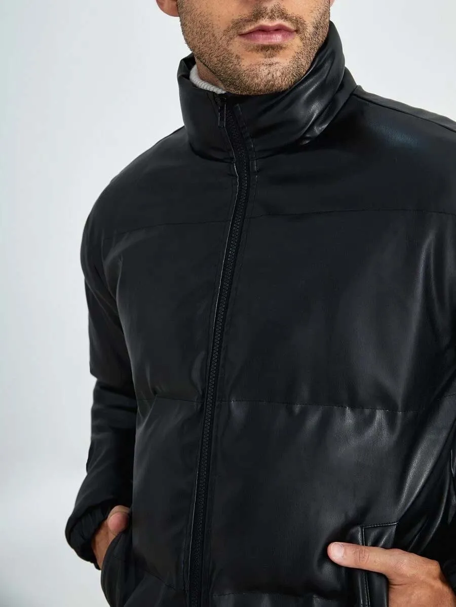 Best Black Leather Bubble Jacket Men Zip Up PU Puffer Coat