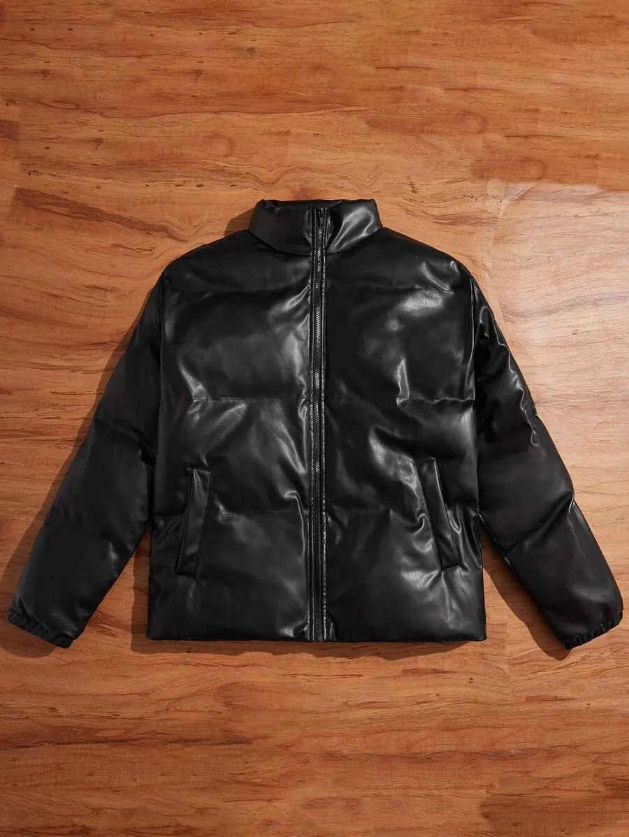 Best Black Leather Bubble Jacket Men Zip Up PU Puffer Coat