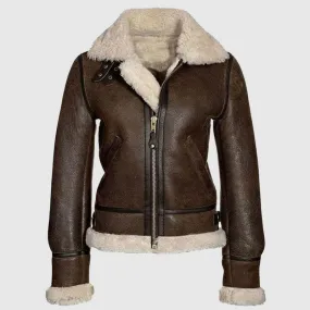 Best Style B3 Bomber Distressed Brown Aviator, Shearling Sheepskin Motorcycle Women Leather Jacket With Faux Fur