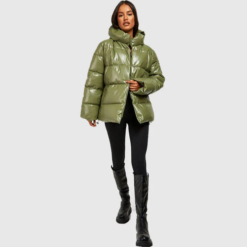 Best Winter Bubble Oversized Faux Leather Puffer Jacket For Sale