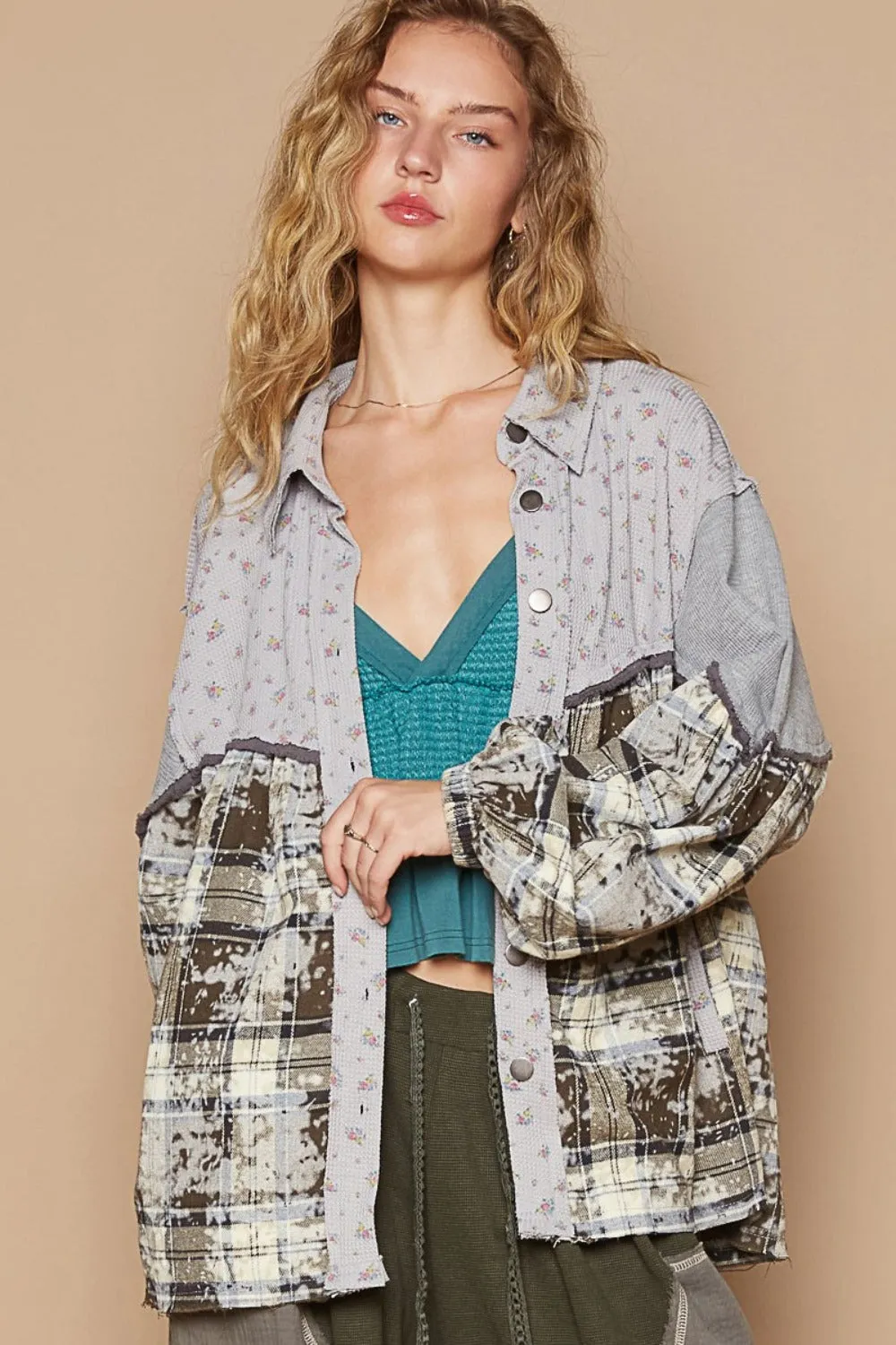 Bohemian Balloon Sleeve Floral Color Block Plaid Shirt