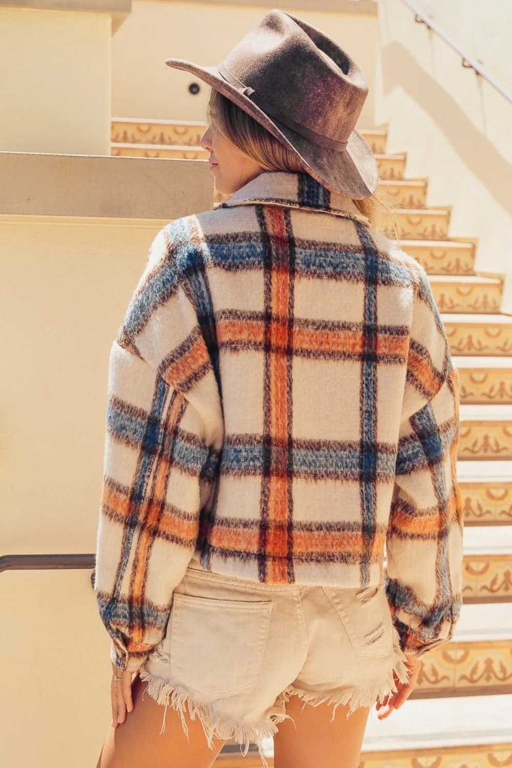 Bohemian Brushed Plaid Crop Jacket with Pockets