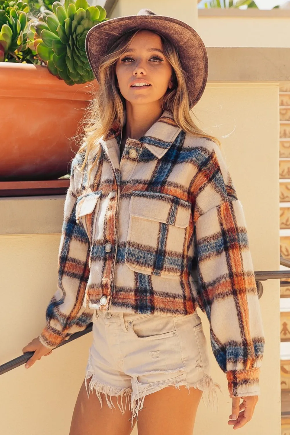 Bohemian Brushed Plaid Crop Jacket with Pockets