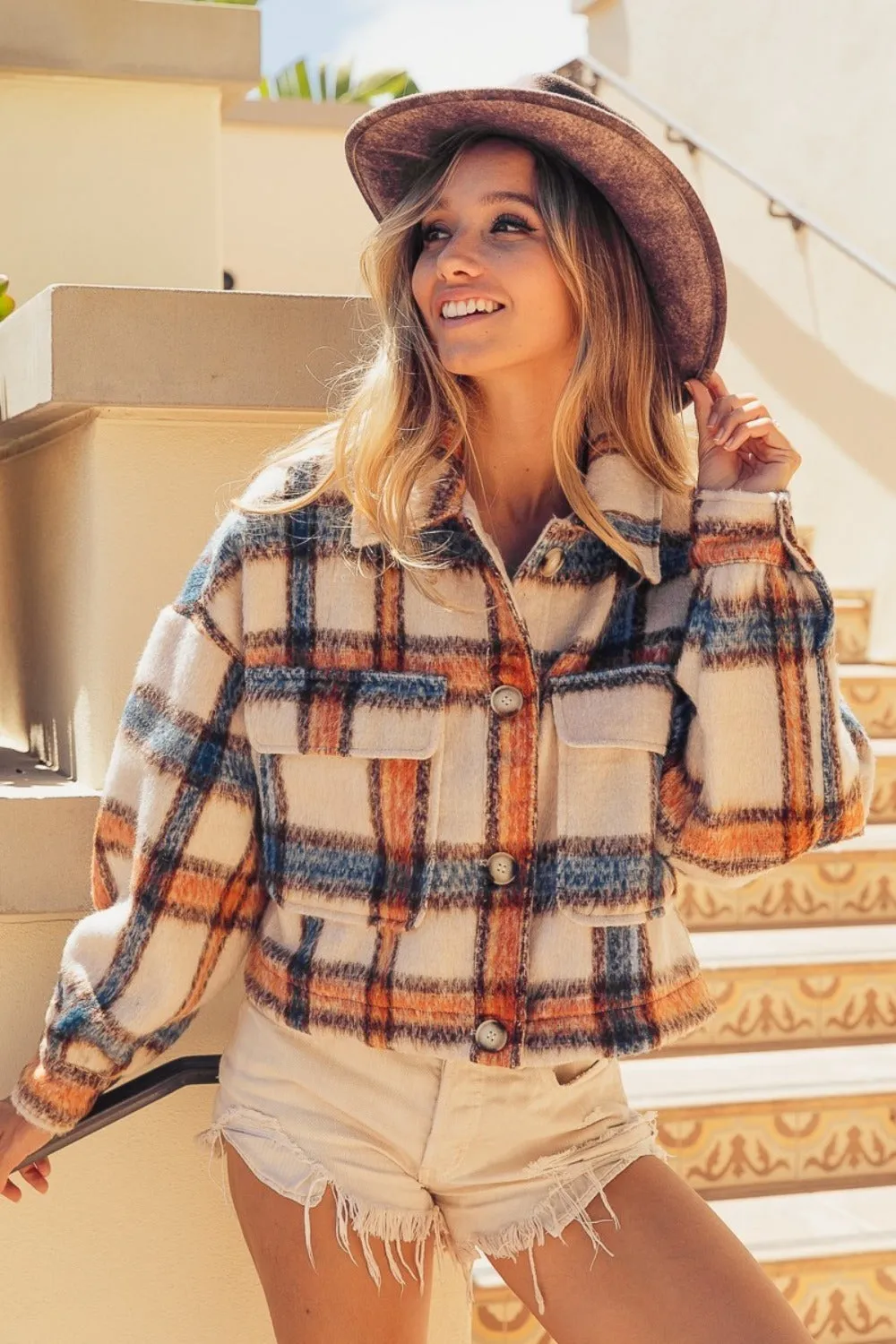 Bohemian Brushed Plaid Crop Jacket with Pockets