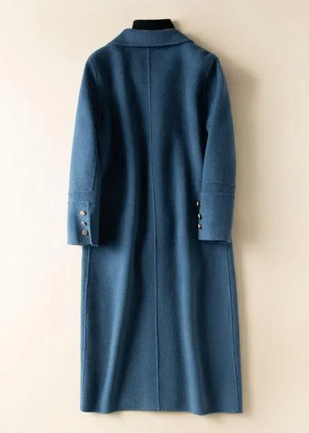 Bohemian lapel Button Down Fashion coat for woman blue Knee Woolen Coats