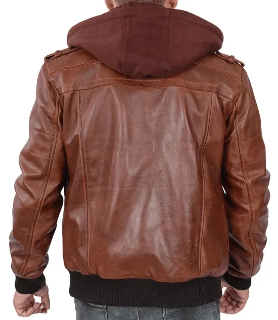 Bomber Brown Leather Jacket With Hood