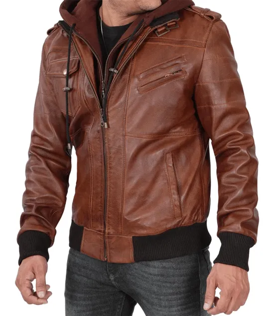 Bomber Brown Leather Jacket With Hood