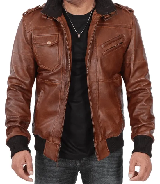 Bomber Brown Leather Jacket With Hood