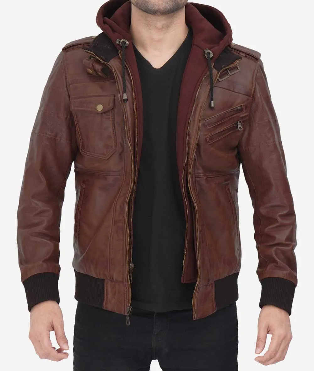 Bomber Brown Leather Jacket With Hood