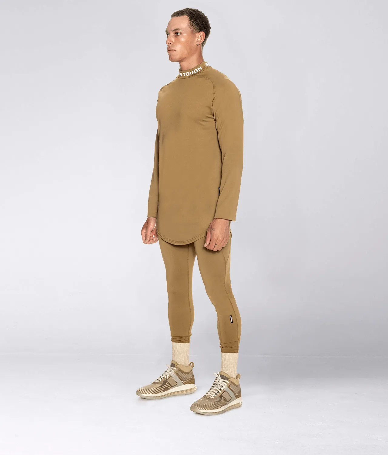 Born Tough Mock Neck Long Sleeve Base Layer Athletic Shirt For Men Khaki