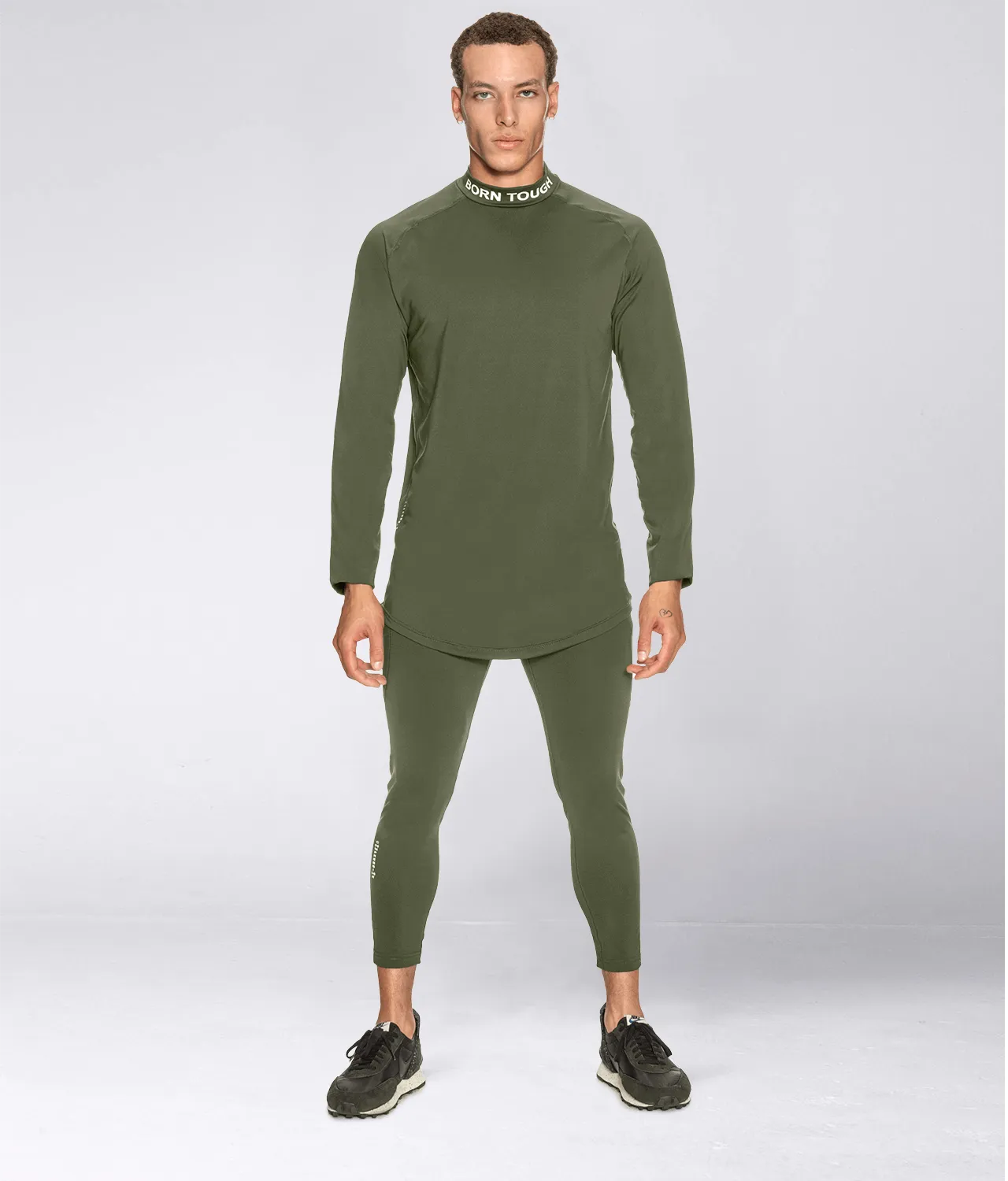 Born Tough Mock Neck Long Sleeve Base Layer Bodybuilding Shirt For Men Military Green