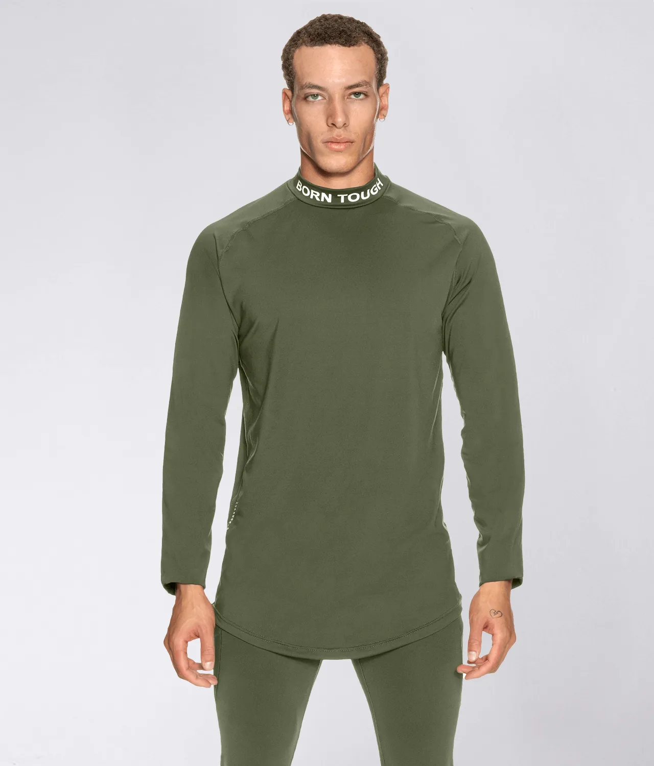 Born Tough Mock Neck Long Sleeve Base Layer Crossfit Shirt For Men Military Green