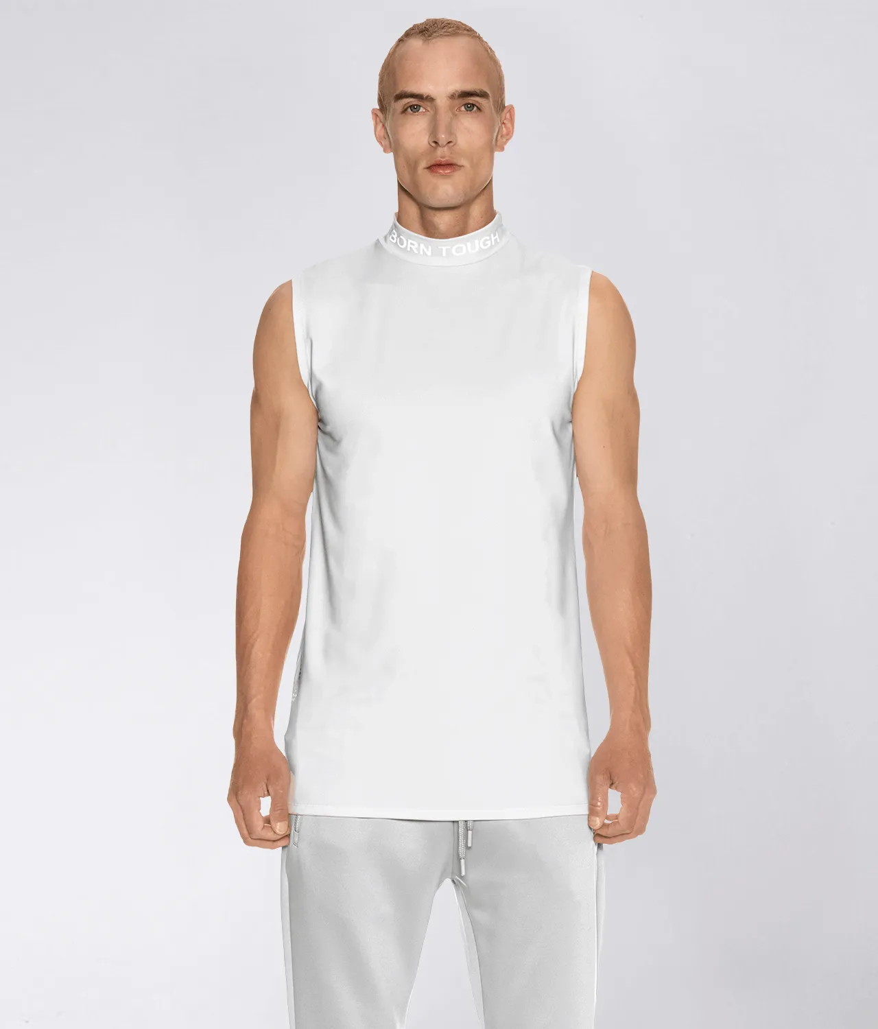 Born Tough Mock Neck Sleeveless Base Layer Bodybuilding Shirt For Men White