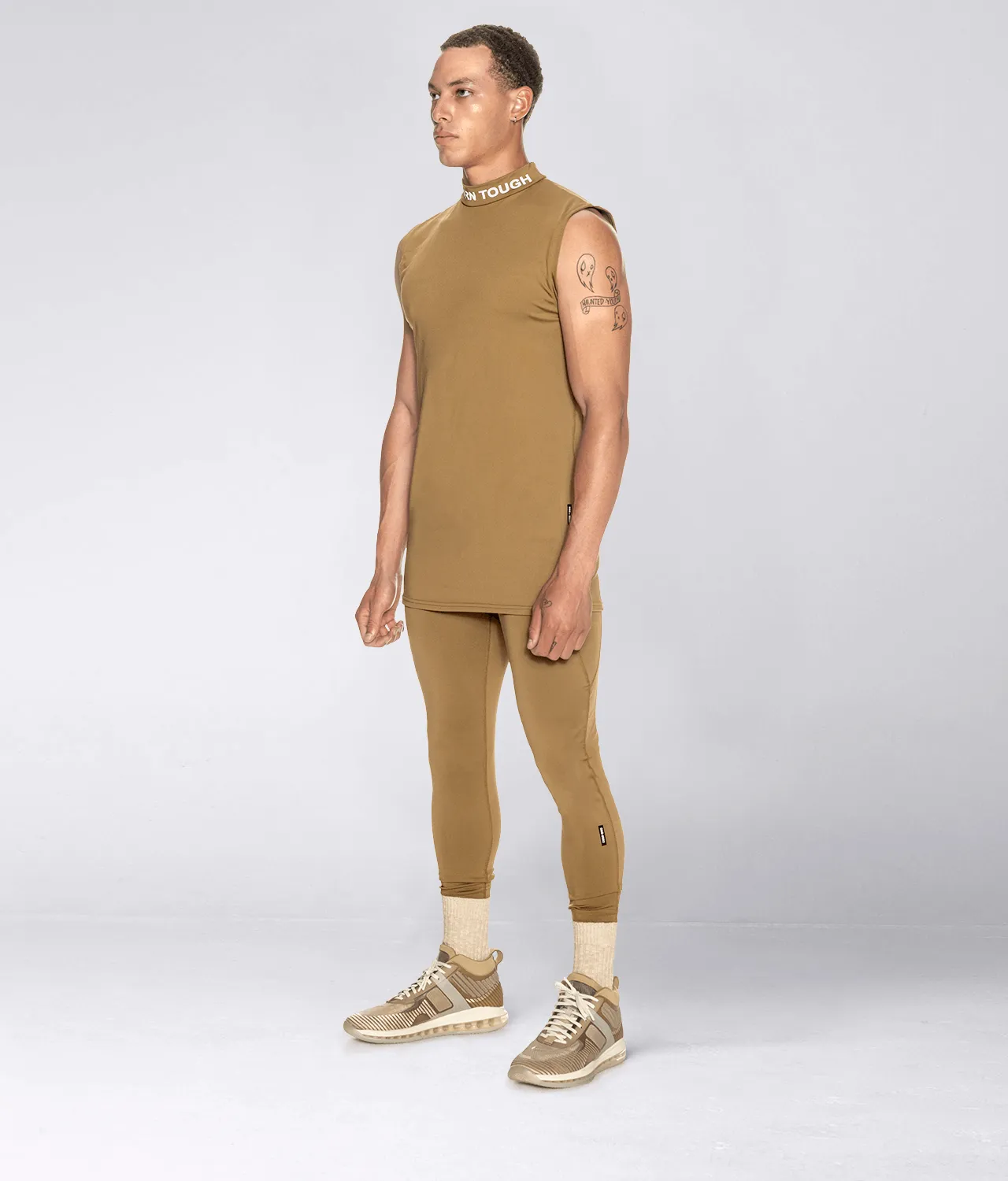 Born Tough Mock Neck Sleeveless Base Layer Running Shirt For Men Khaki