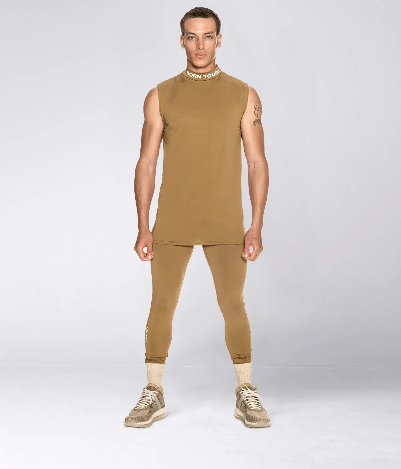 Born Tough Mock Neck Sleeveless Base Layer Running Shirt For Men Khaki