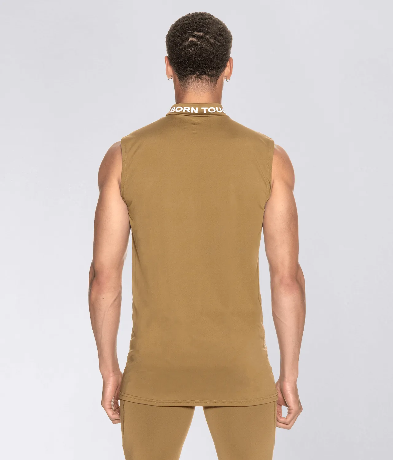 Born Tough Mock Neck Sleeveless Base Layer Running Shirt For Men Khaki