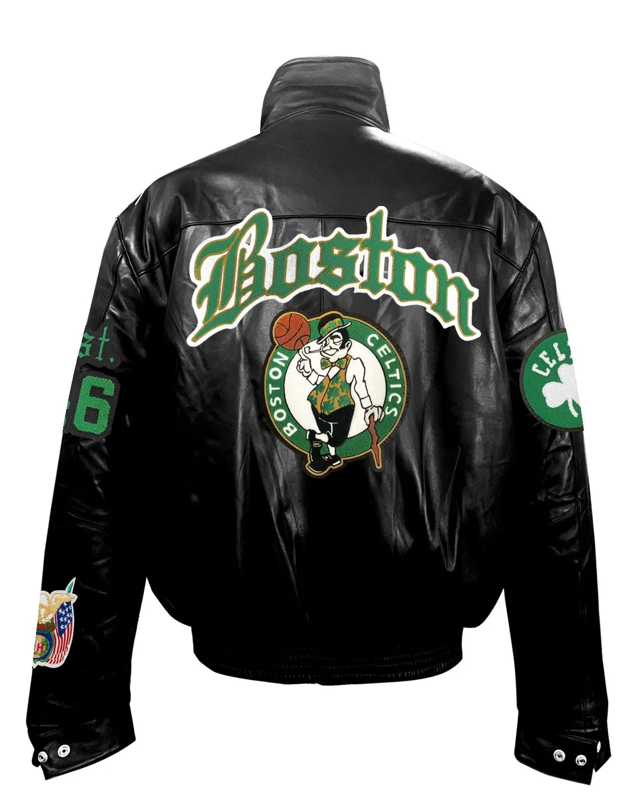 BOSTON CELTICS FULL LEATHER PUFFER OLD ENGLISH JACKET Black